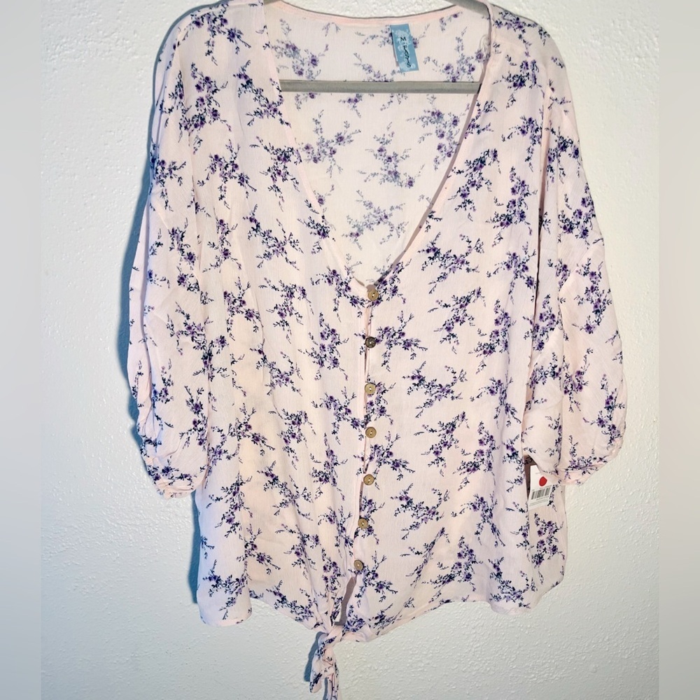M Fasis Blouse Plus Size 3x Floral Button Up Pink Boho 3/4 Sleeve Front Tie NWT